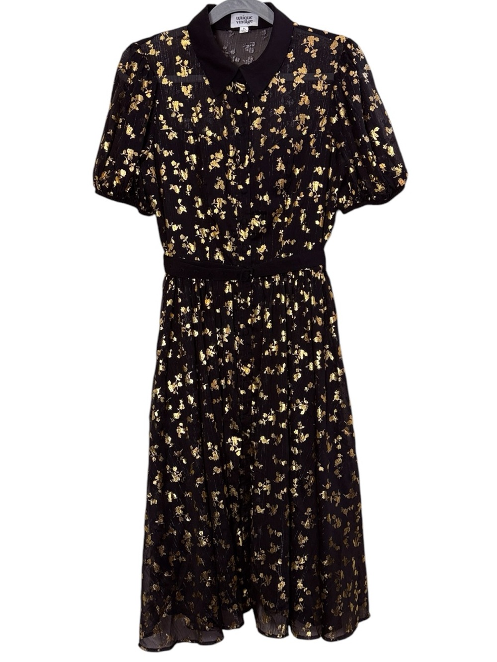 Unique Vintage Women’s Black Midi Shirt Dress with Gold Floral Print